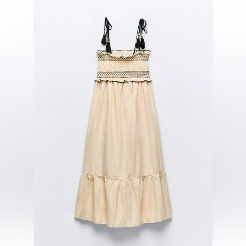 ZARA Midi Dress with Tassels, Light Beige XS